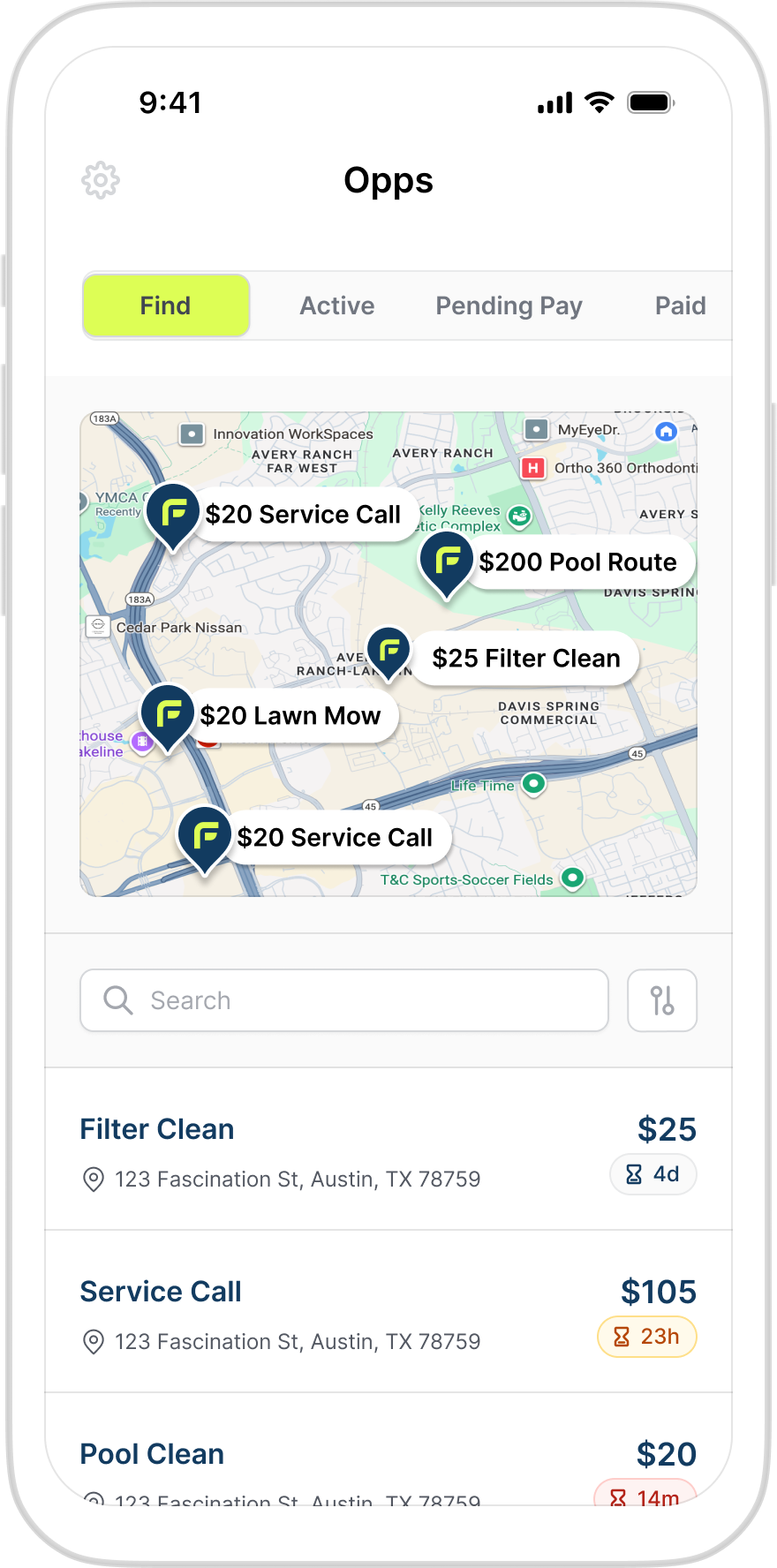 Talent app opportunity feed, a map of nearby jobs with rates like $20 Service Call and $200 Pool Route, plus a scrollable list below